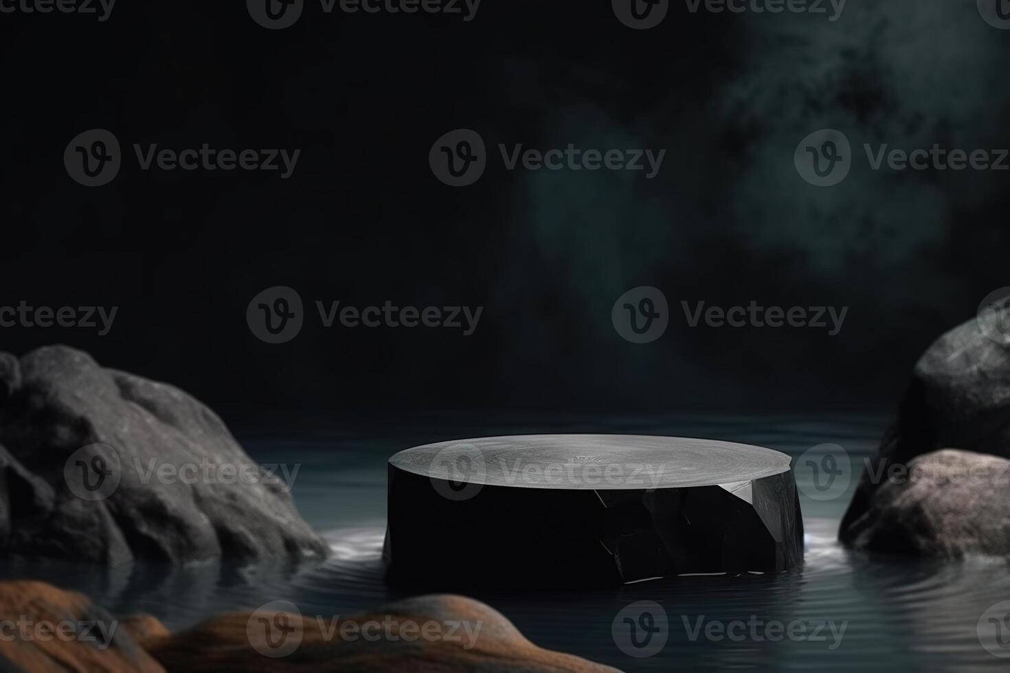Product presentation mock-up with rocks and water. Podium with copy space. Stage, display, showroom. Empty scene. . photo