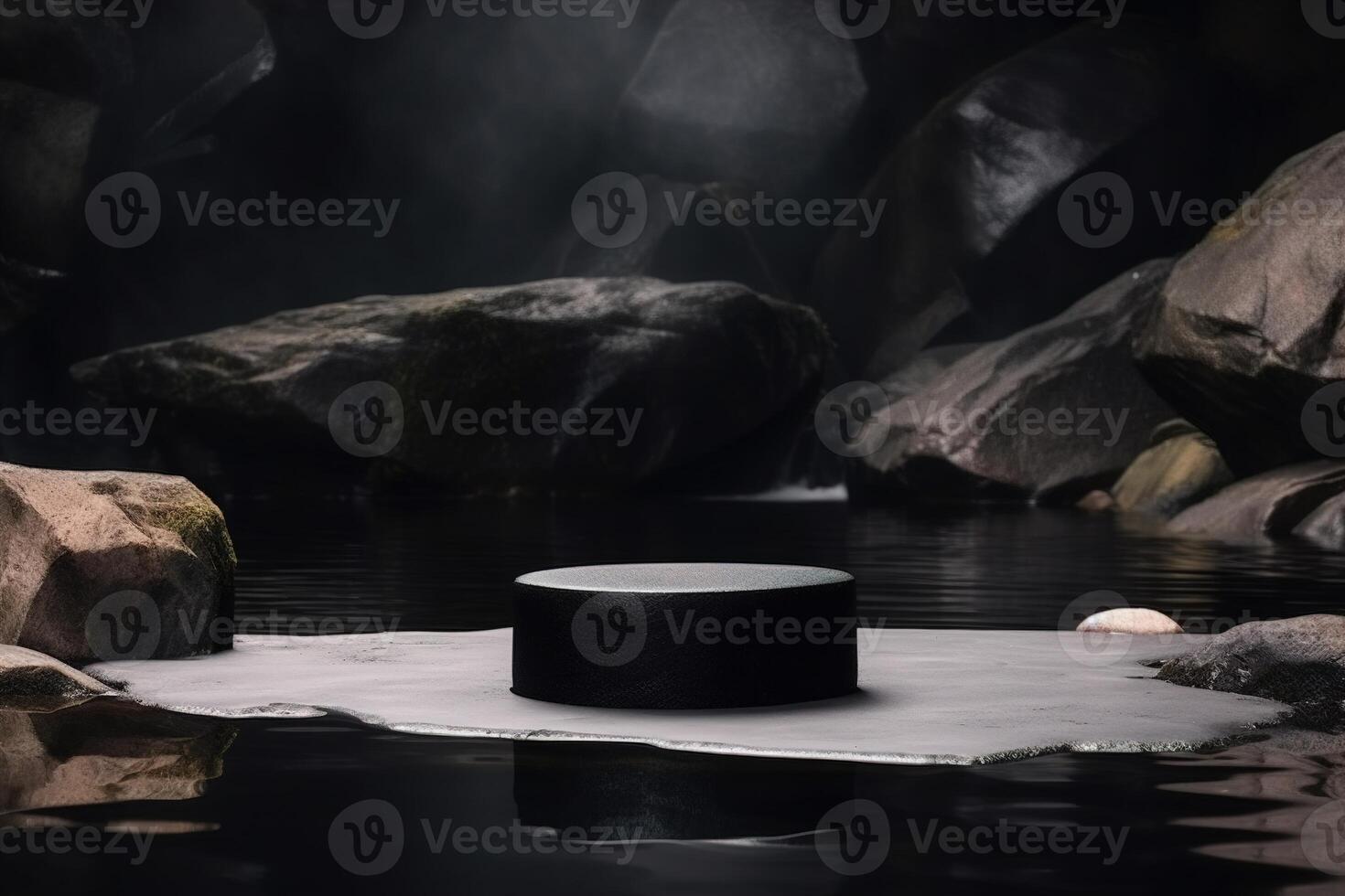 Product presentation mock-up with rocks and water. Podium with copy space. Stage, display, showroom. Empty scene. . photo