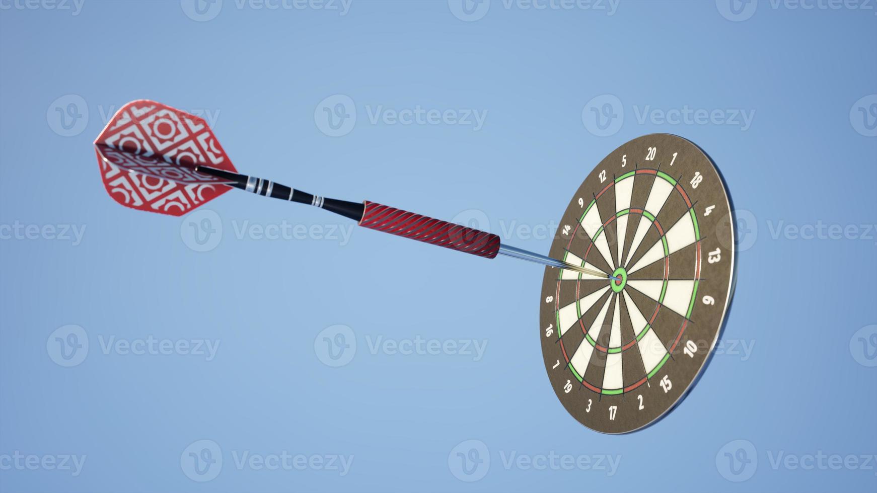 The dart hits the target completely. Focus on the red dot on the dart board. The goal of the organization. Reach the goal. Achieved the goal. Business goals. Goals and strategies, 3D illustration photo