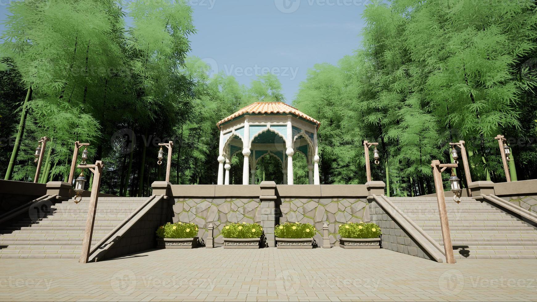 A white pavilion in a virtual park surrounded by shady bamboo fo photo