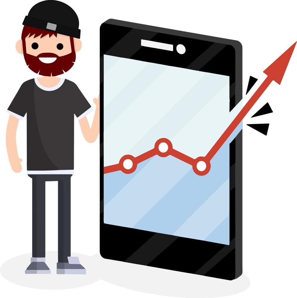 Young man and a huge phone with business growth graph. Blogger and statistics of subscribers and views. Guy and online business. Red arrow breaks the border and frames. Cartoon flat illustration vector