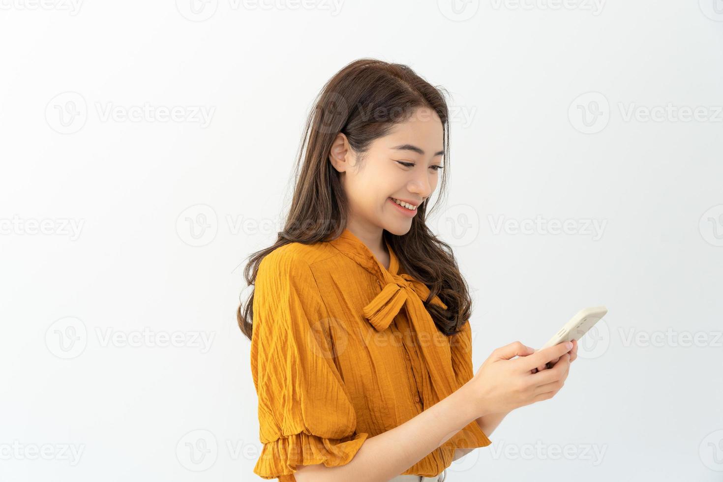 working woman, Portrait of smiling Asia girl in work clothes using mobile phone, freelance, out site, research, copy space, happy cheerful cute business, positive energy, Business plan photo