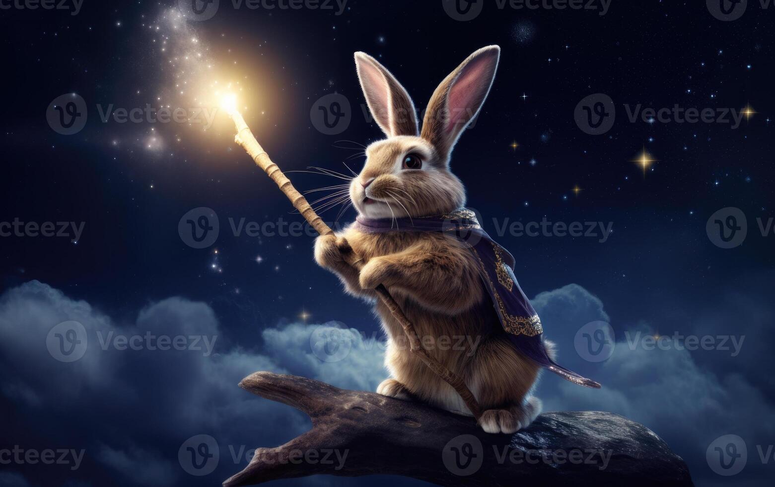 Fantastical bunny rabbit floats through a starry night sky, casting spells with its glowing wand as it goes. . photo
