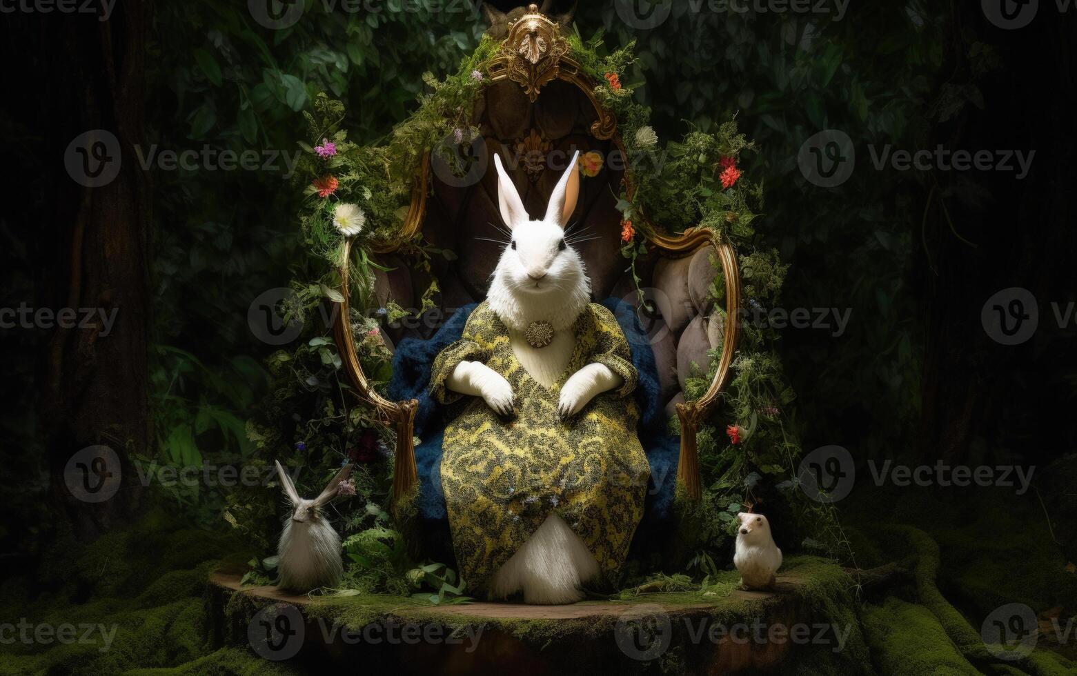 A rabbit sitting on a royal throne with an elegant and luxurious style. The background is a forest. photo