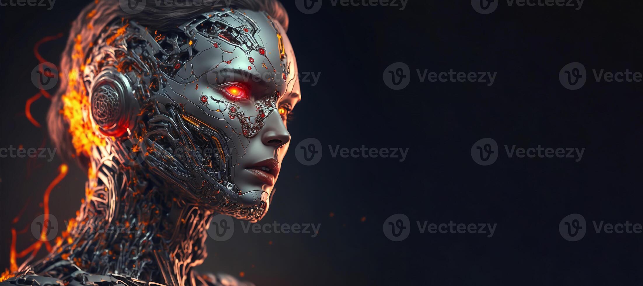 Cyborg Artificial intelligence with luminous eyes and physical metal body. Robotic synthetic futuristic scifi. . photo