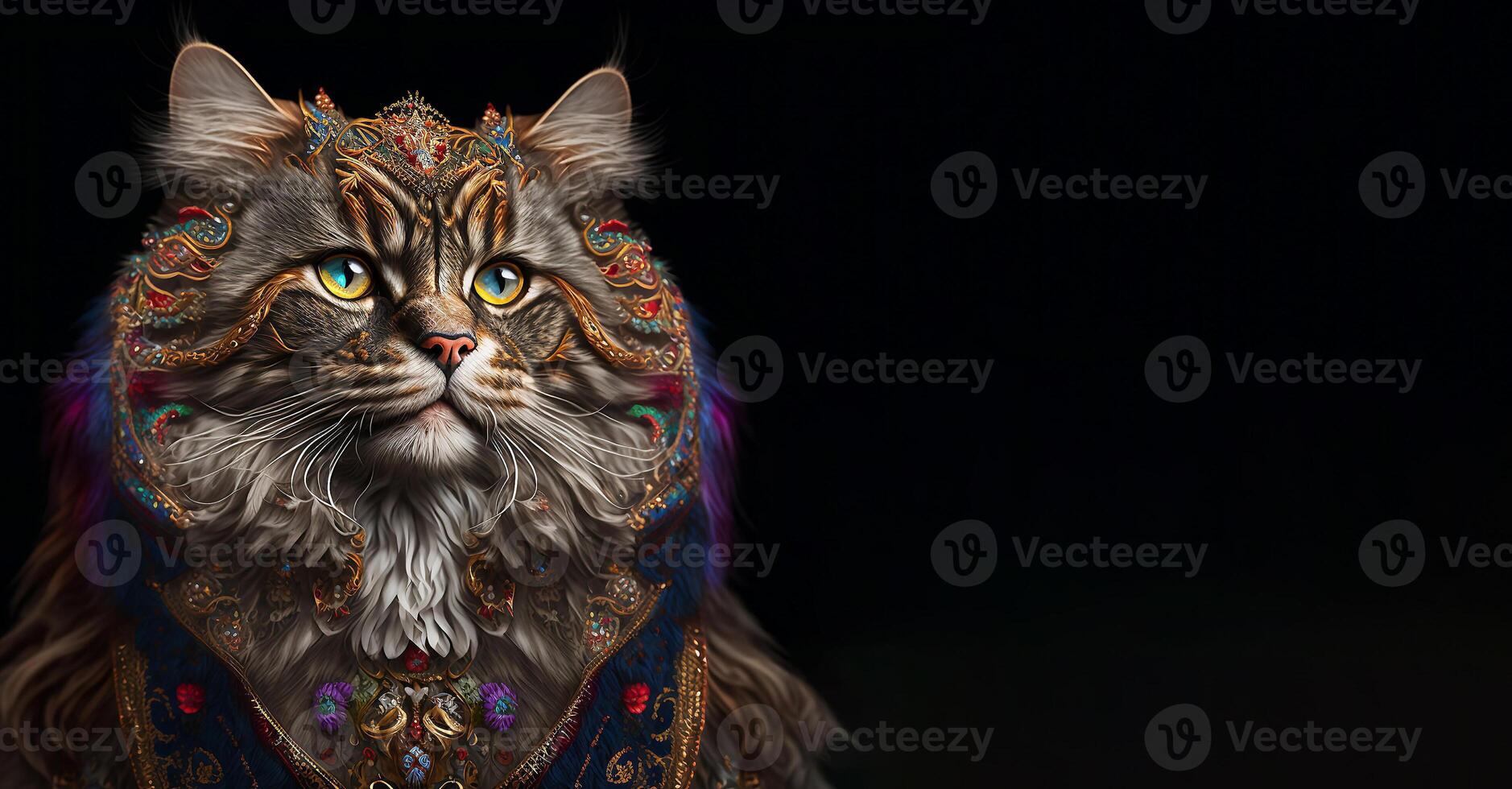 The Royal cat with luxury dress costume. Close up Portrait King cat with throne and crown. . photo