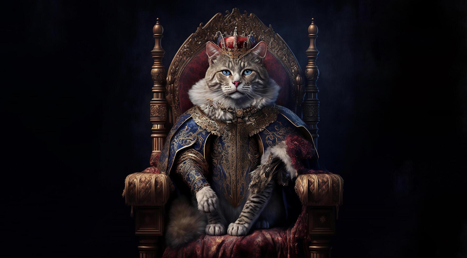 The Royal cat with luxury dress costume. Close up Portrait King cat with throne and crown. . photo