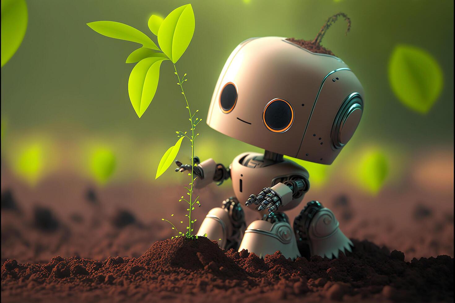 Cartoon cute Robot planted seedling young tree into the soil. Rehabilitation of natural resources to help world form global warming. Green environment. . photo