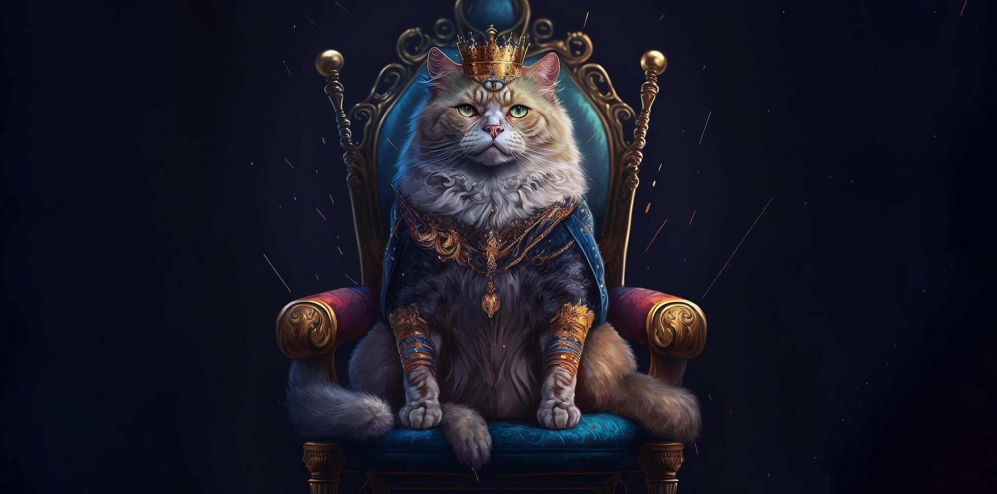 The Royal cat with luxury dress costume. Close up Portrait King cat with throne and crown. . photo