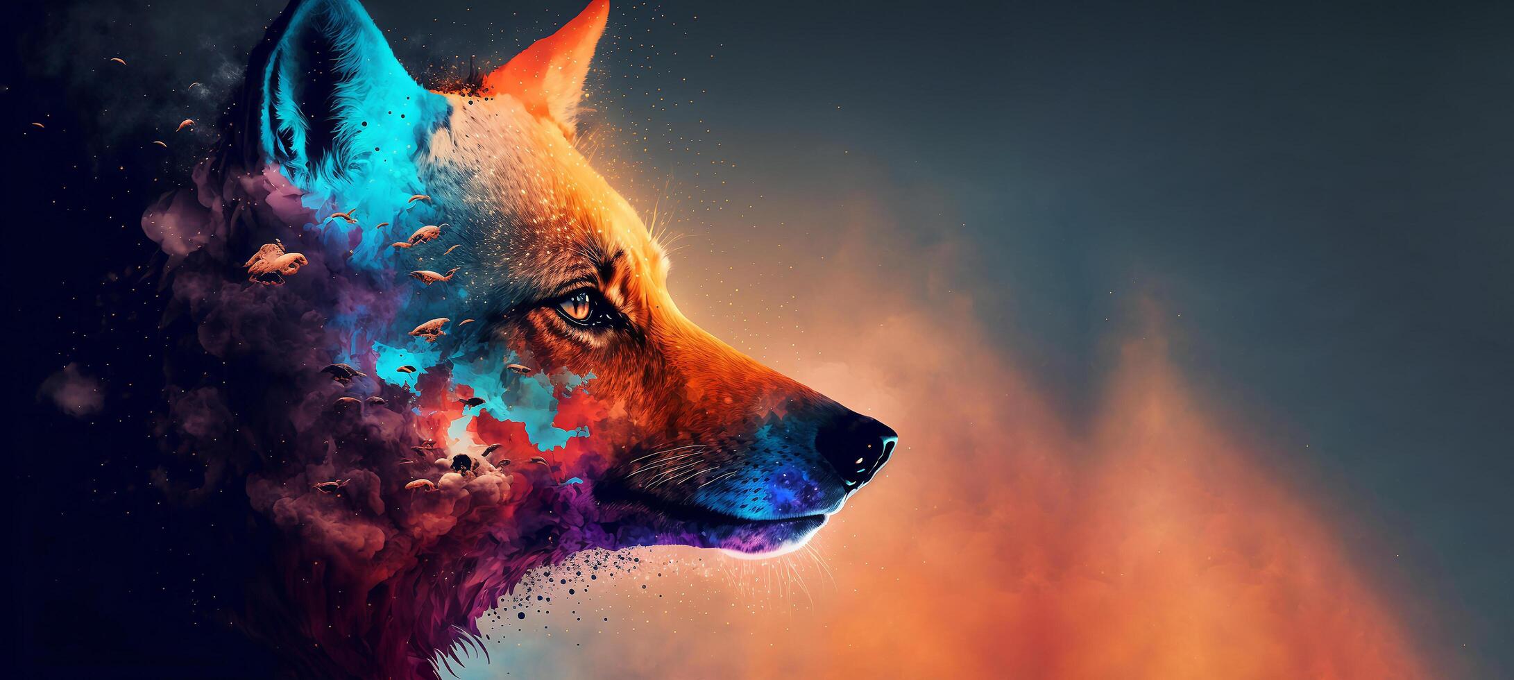 Abstract animal Fox portrait with colorful double exposure paint. . photo