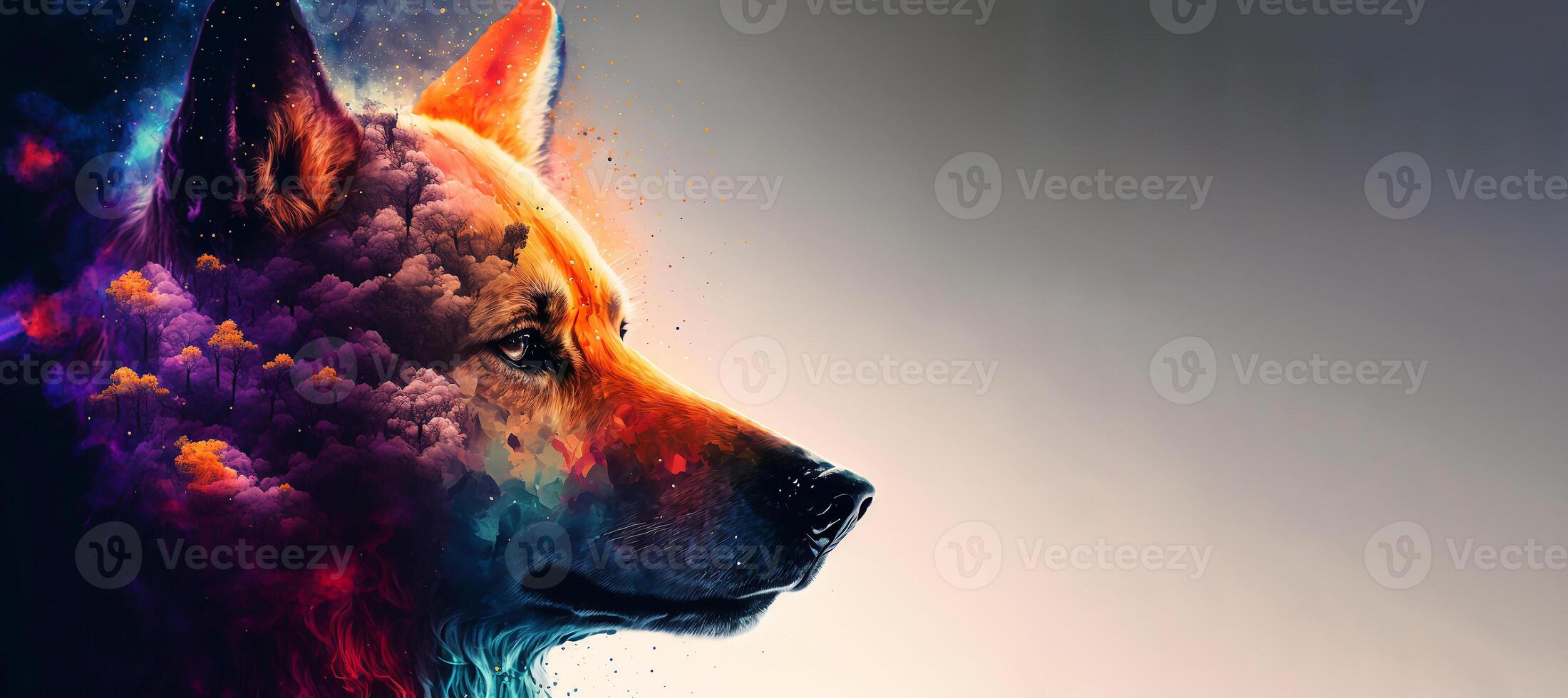 Abstract animal Fox portrait with colorful double exposure paint. . photo