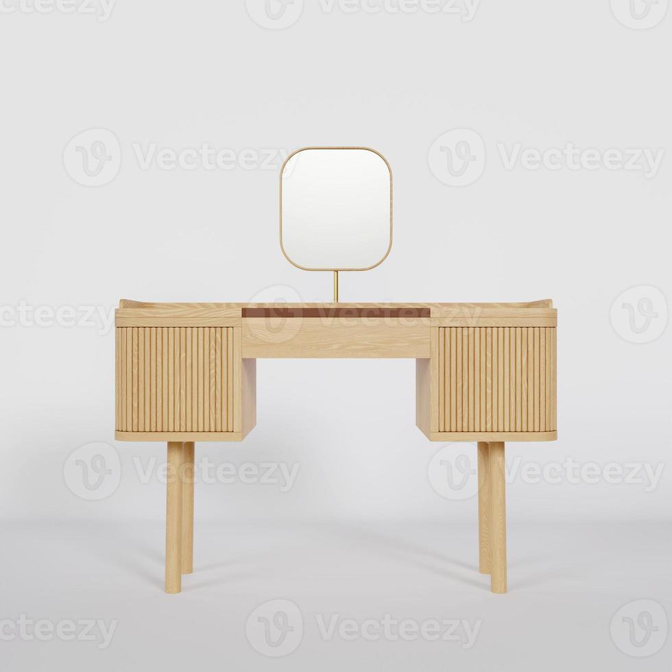 3D Rendering Wood Dressing Table With Glass on White Background photo