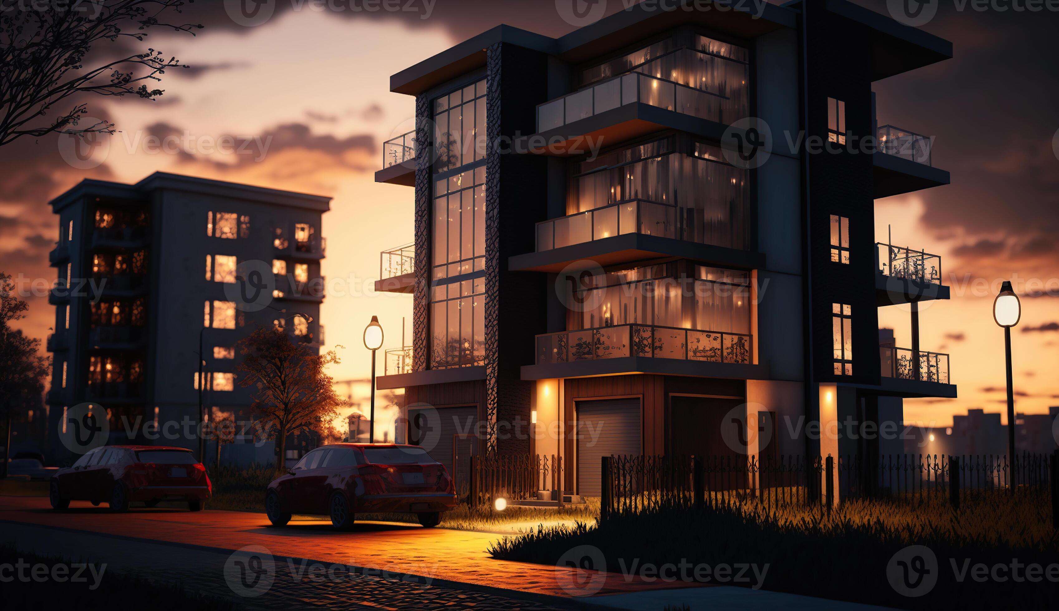 Evening outdoor urban view of modern real estate homes, house building