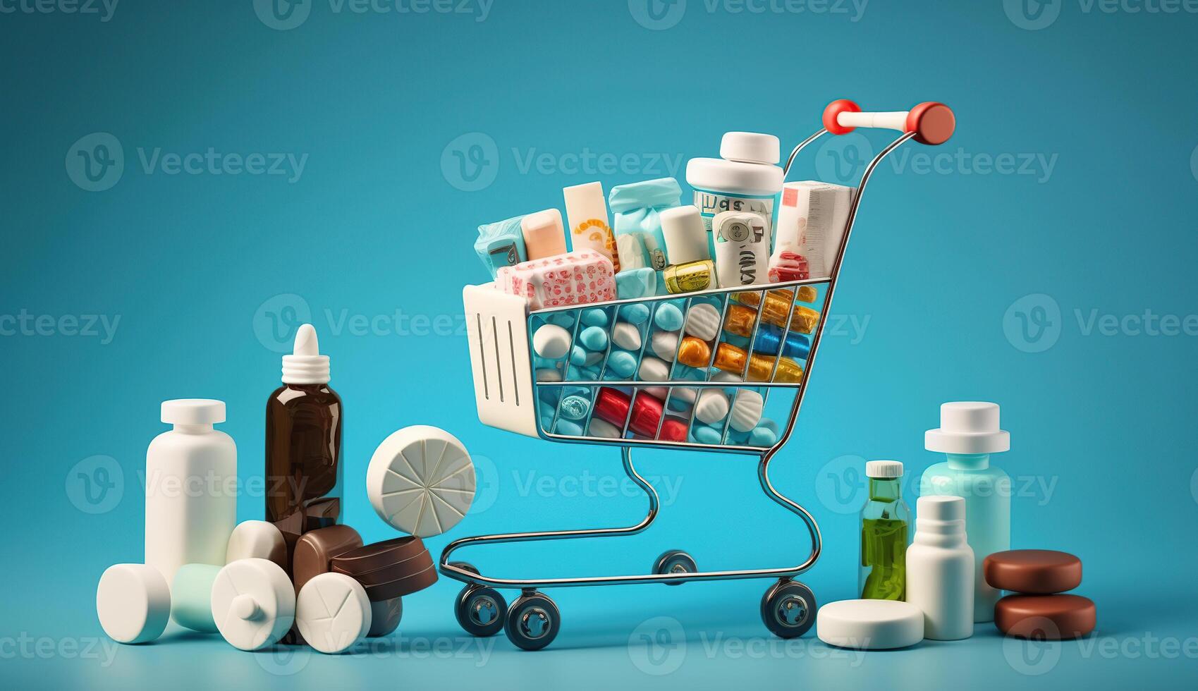 Buy and shopping medicine concept. Various capsules, tablets and medicine in shop trolley on a blue background. Creative idea for health care, photo