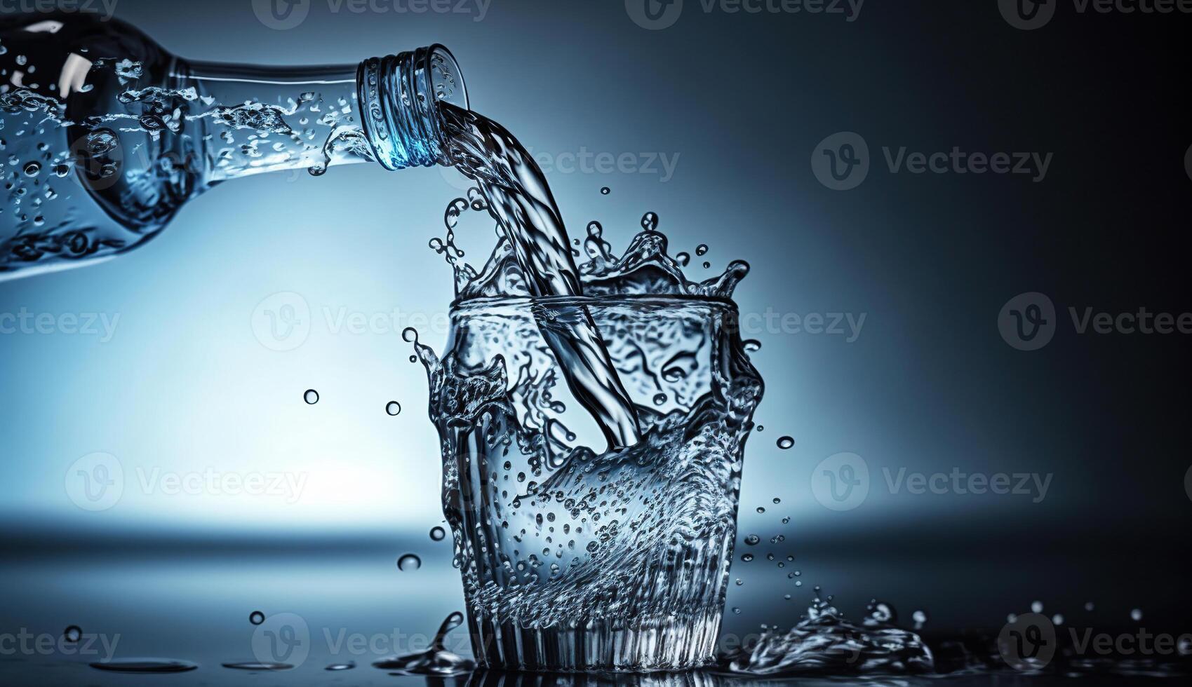 Pouring water from bottle into glass on blue black background, photo