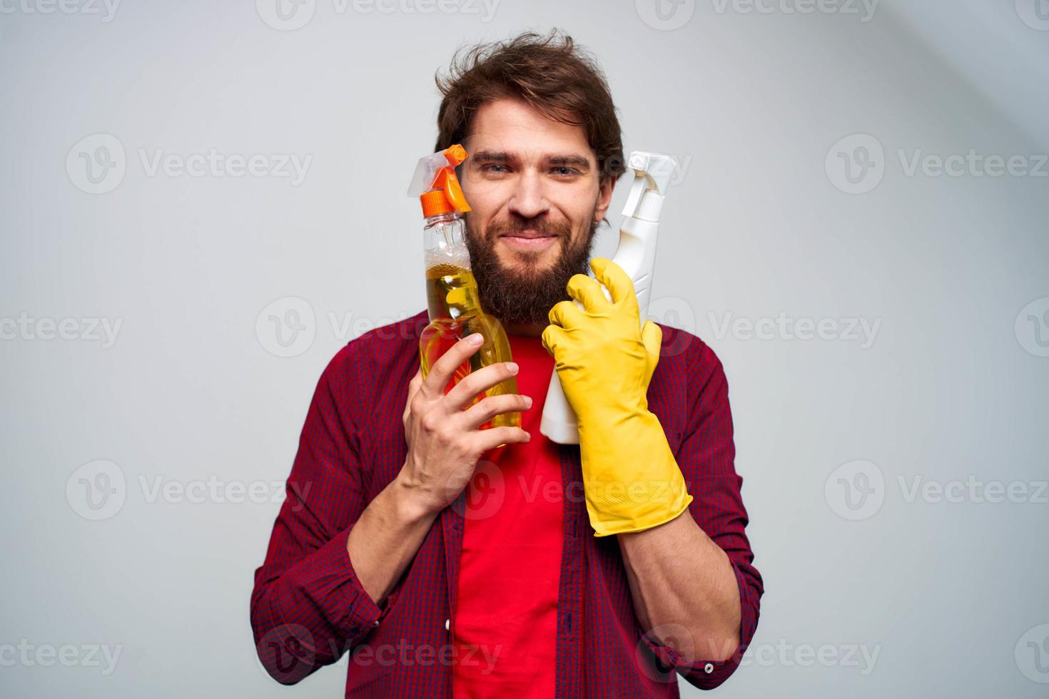 Cheerful cleaner detergent home care hygiene gray background photo