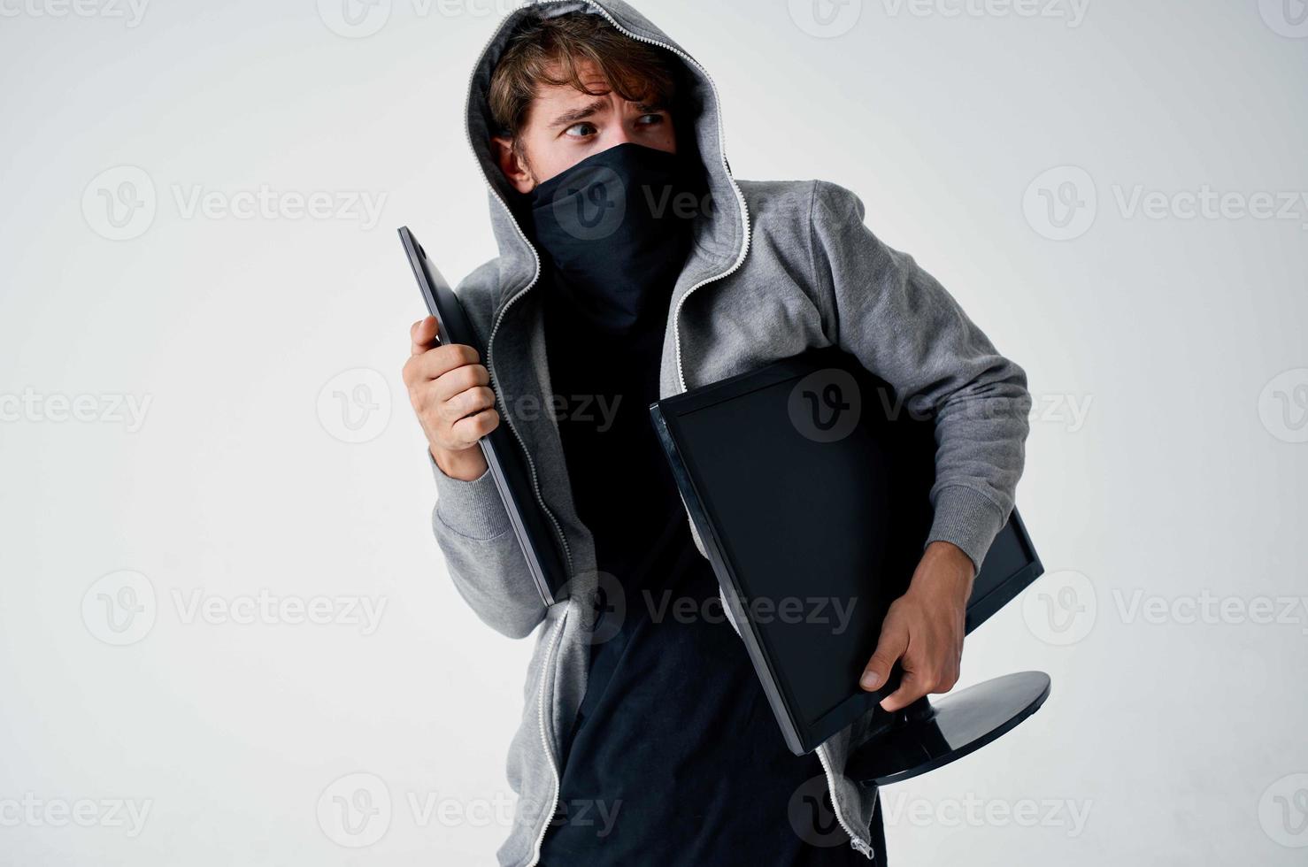 hacker hooded head hacking technology security isolated background photo