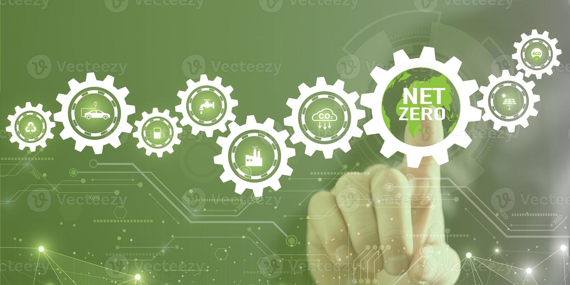 Businessman touching icon Net Zero and Carbon Neutral Concepts Net Zero Emissions Goals With a connected icon concept related to Net Zero photo