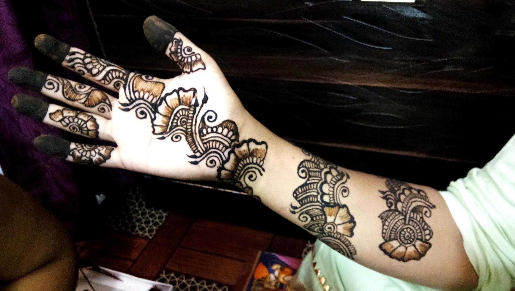 Popular Mehndi Designs for Hands or Hands painted with Mehandi Indian traditions photo