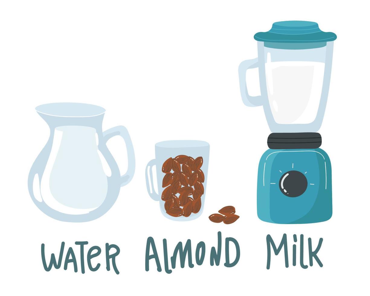 Isolated almond milk in paper package with liquid splash and nuts, natural drink branding on carton container with lid, advertising of vegan liquid for nutrition. Dairy packaging and advertising, vector