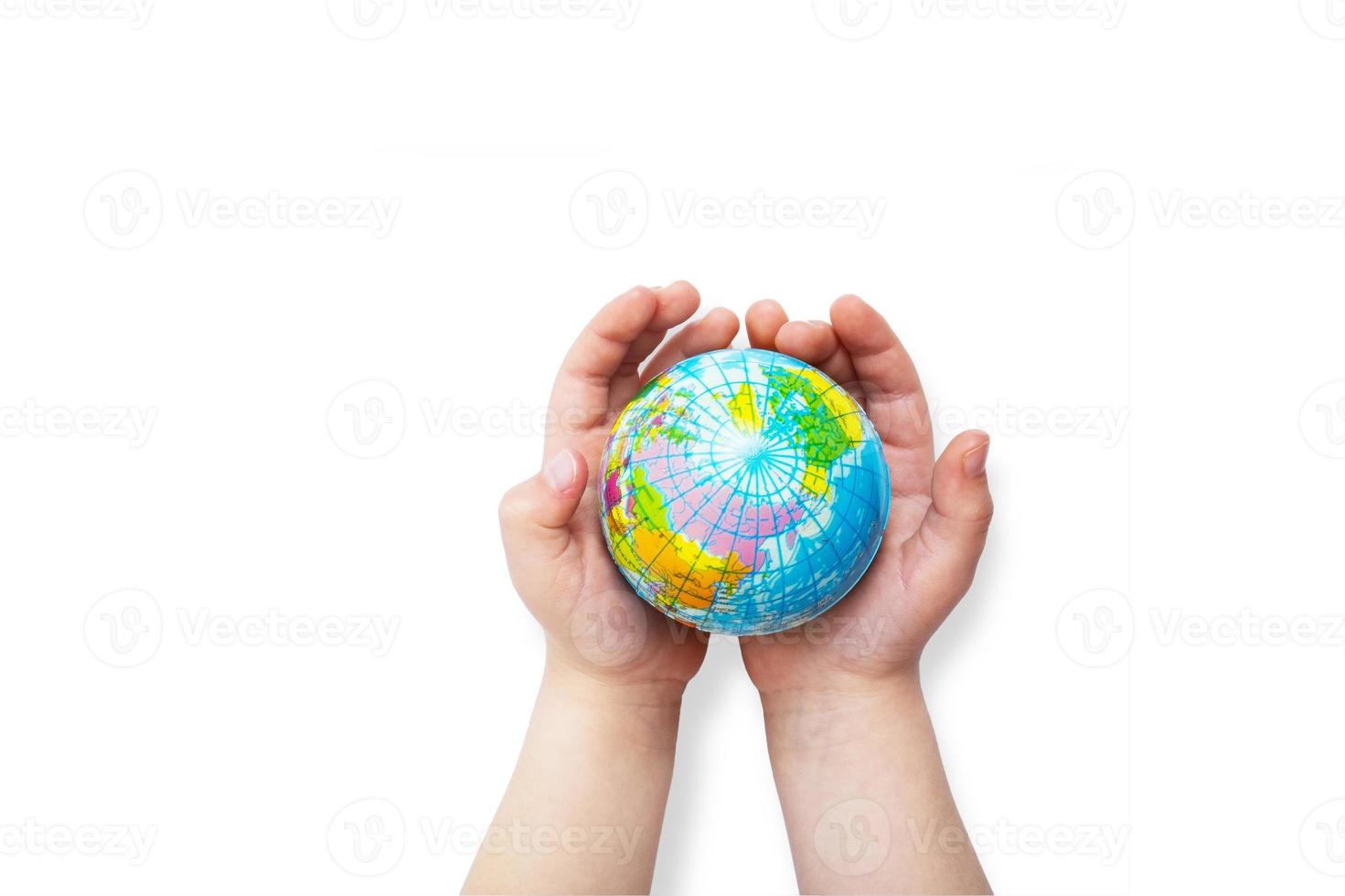 Environment for future, save the planet concept. World globe in child hands top view with copy space photo