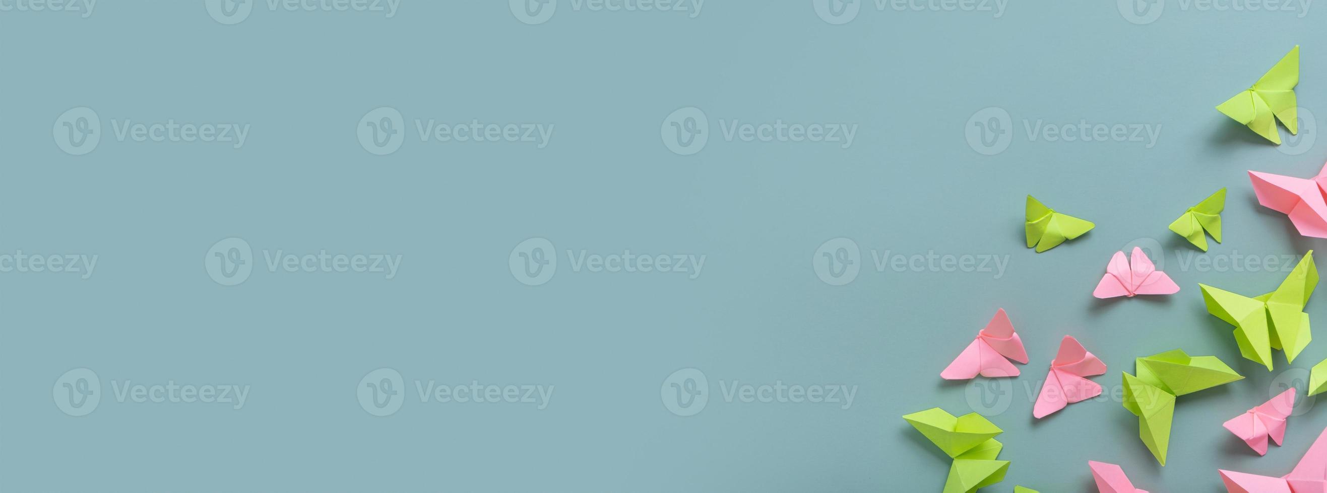 Banner with paper butterfies green and pink colors flat lay on a colored background. Copy space photo