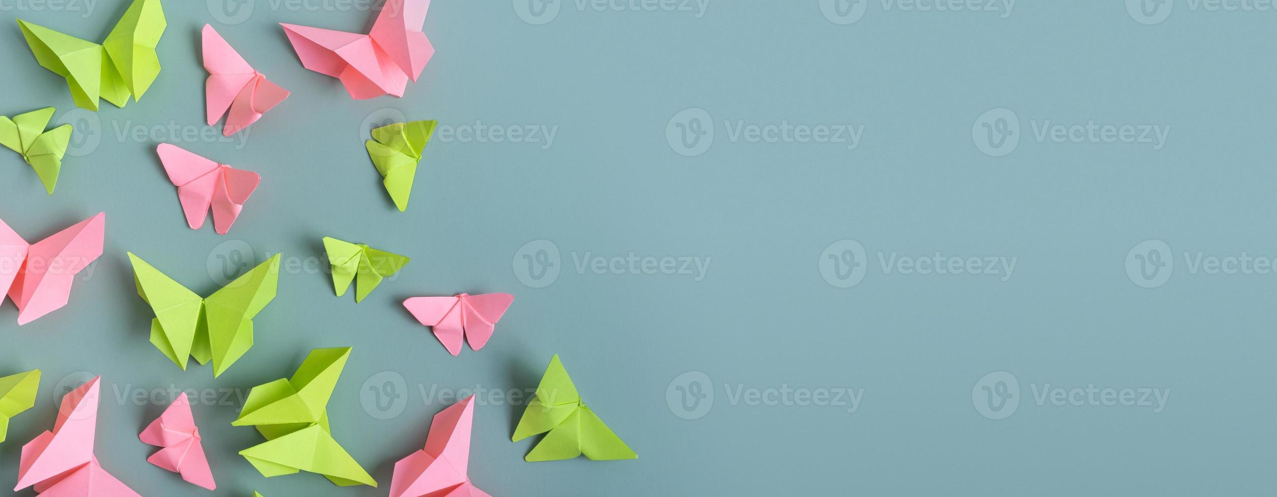 Banner with paper butterfies green and pink colors flat lay on a colored background. Copy space photo