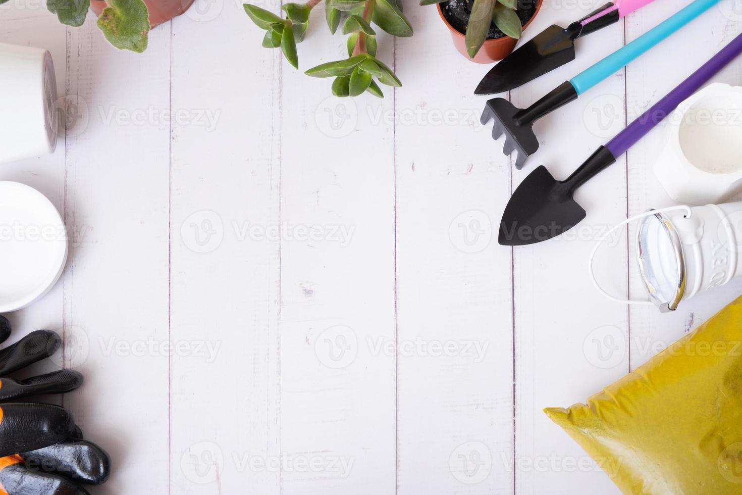 Soil, pots, plants and gardening tools flat lay, top view. Home planting, gardening concept. photo