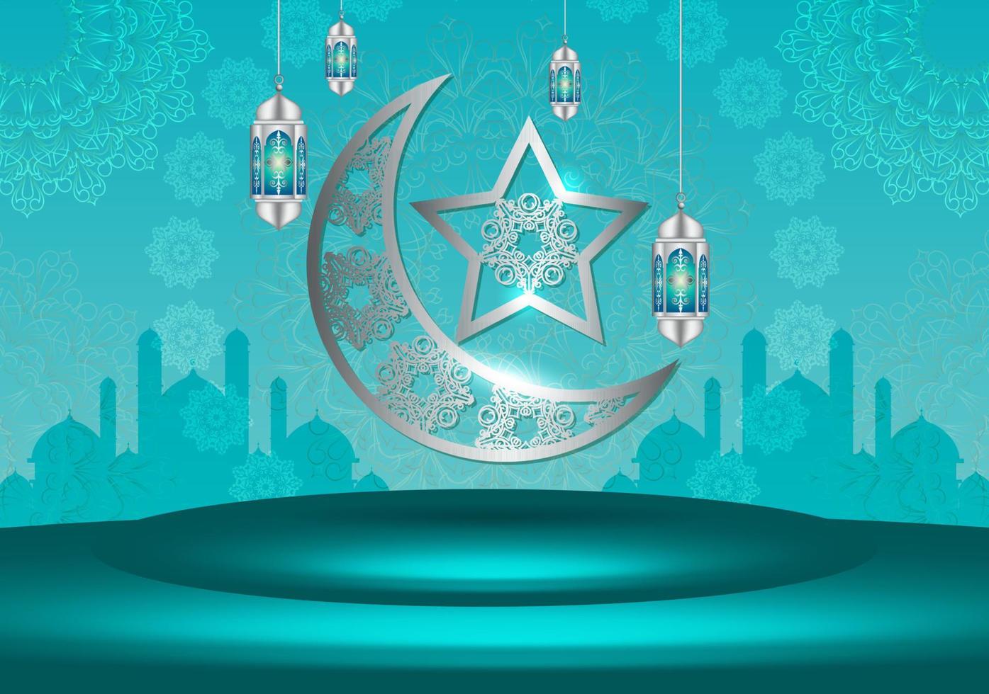 Islamic holiday celebration banner designed with crescent moon and illustration of mosque. Background suitable for Ramadan and Eid al-Fitr vector