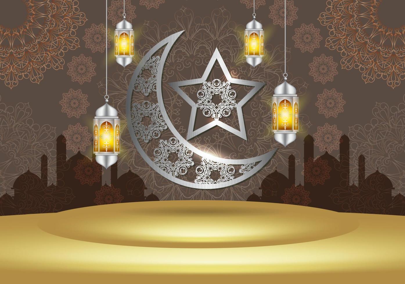 Islamic holiday celebration banner designed with crescent moon and illustration of mosque. Background suitable for Ramadan and Eid al-Fitr vector