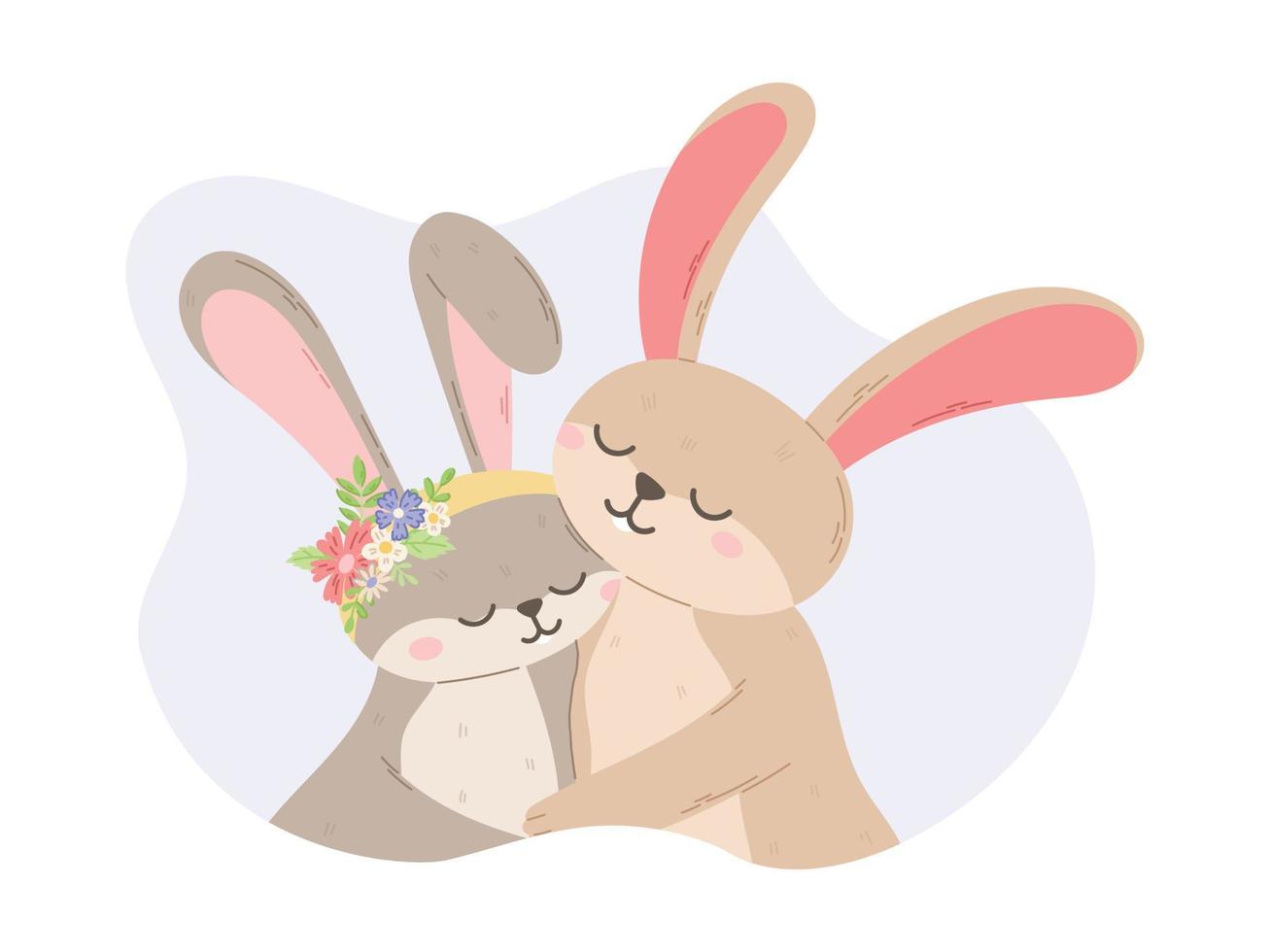 Two cute Hugging Hares. Vector isolated flat illustration of animal couple in love.