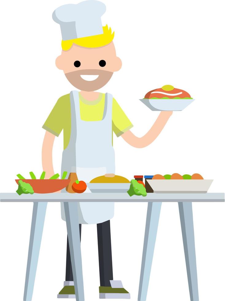 Flat Man cook holding plate of food. Chef and waiter at work vector