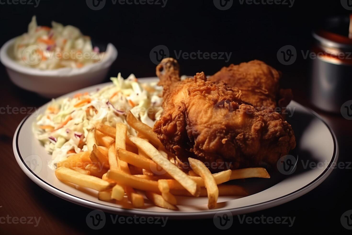 A plate of golden brown fried chicken, served with crispy French fries and potato photo