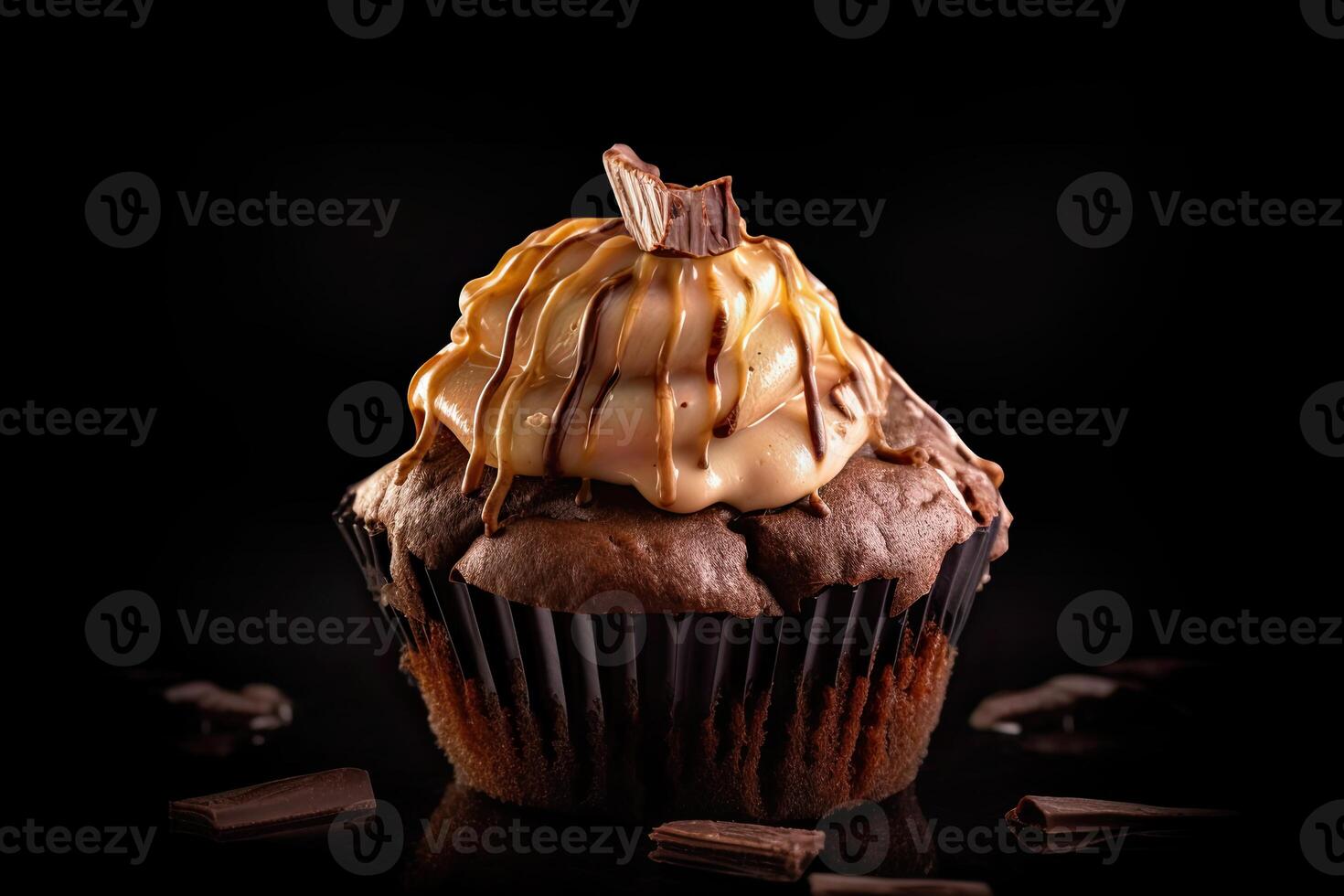 A very detailed photo of delicious chocolate cupcake sprinkled with sweet cream against a dark background