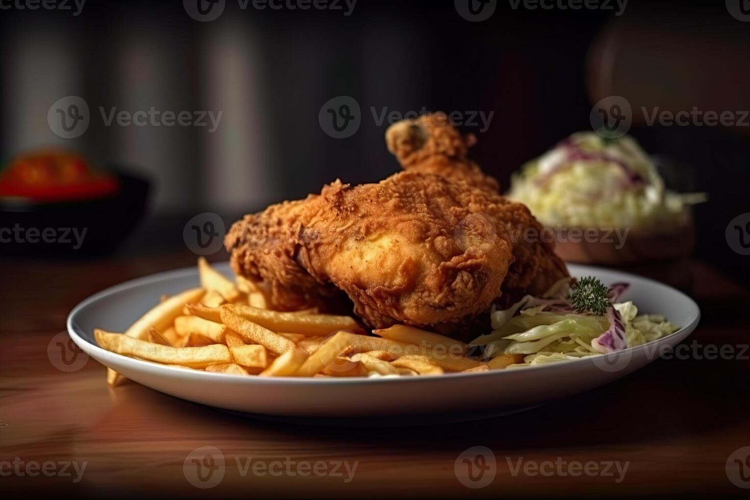 A plate of golden brown fried chicken, served with crispy French fries and potato photo