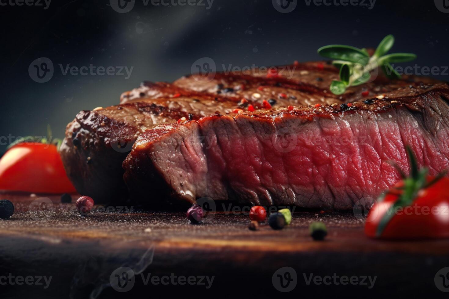 Delicious photo of beef detailed with black background and blur with sliced tomatoes and leaves