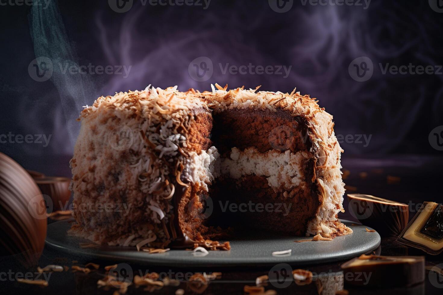 delicious cake covered with chocolate and cheese on a dark background on plate photo