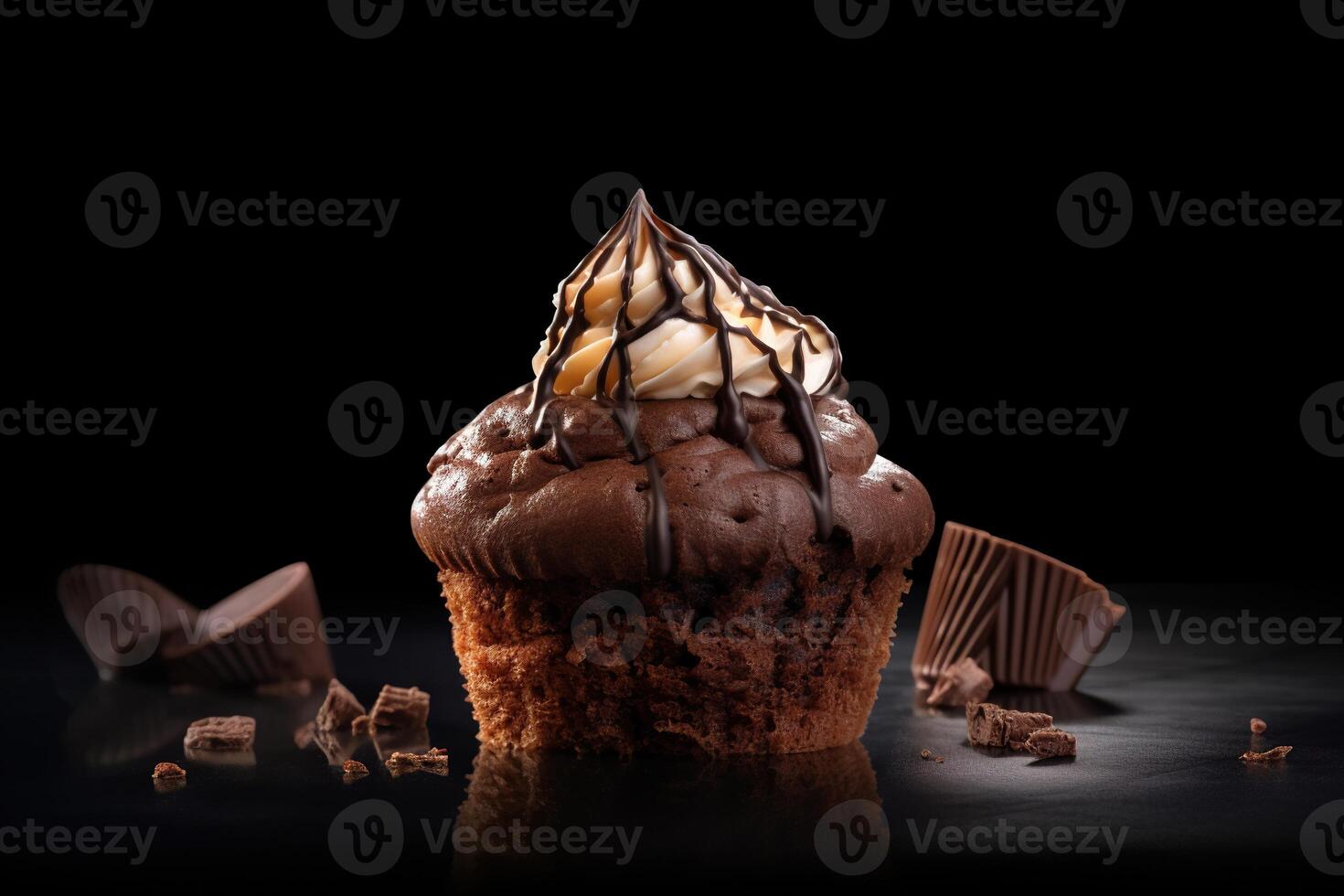 A very detailed photo of delicious chocolate pancakes sprinkled with cream against a dark background