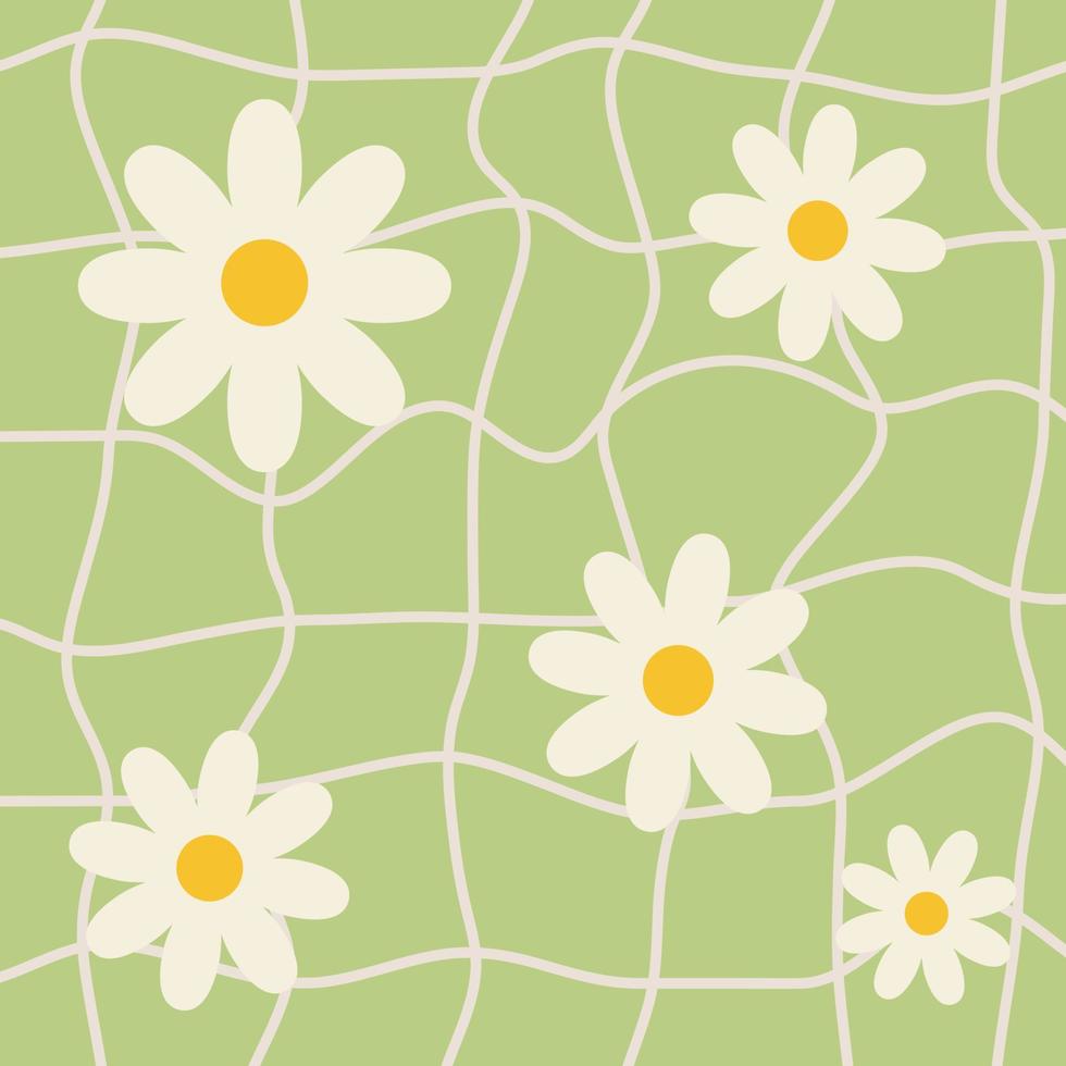 1970s Retro Daisy pattern groovy trippy on green Distorted Checkered Background. Trippy Grid, Wavy Swirl Pattern. Seventies Style, Wallpaper. Hippie Aesthetic. Vector Illustration, Flat Design