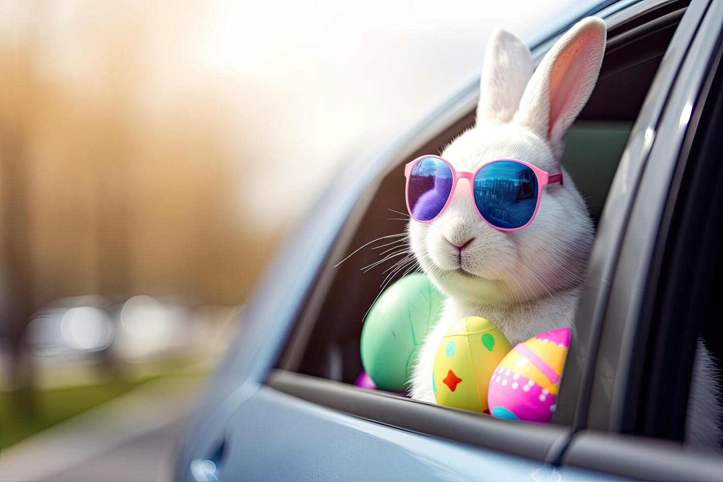 An Easter Bunny wearing stylish sunglass and traveling in a car with colorful Easter eggs. White bunny with painted easter eggs in a car, with a blurry background. Bunny with sunglass. . photo