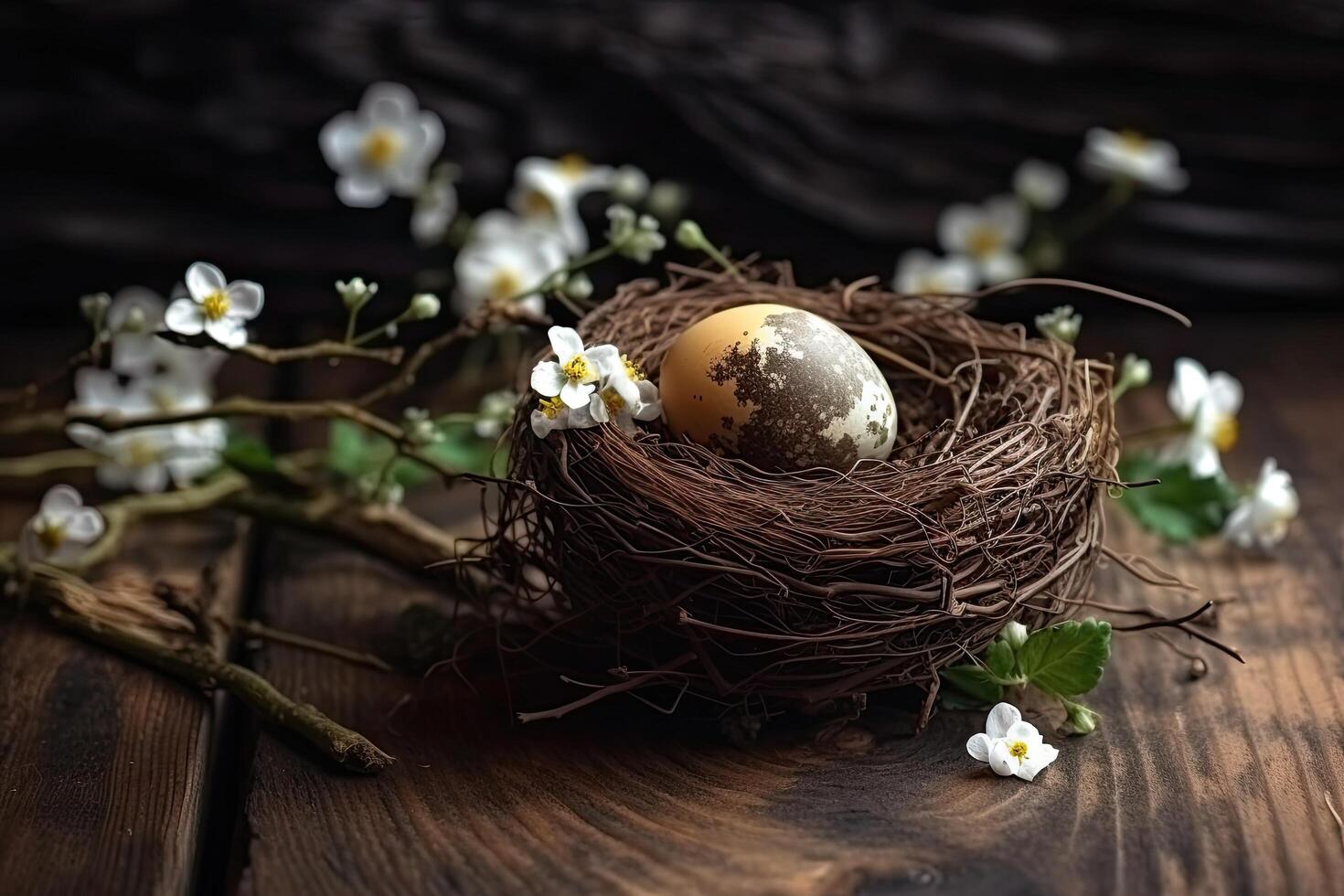 A cute bird egg on a small bird's nest with beautiful white flowers and tree branches. Cute bird nest on a wooden table with fresh white flowers. Easter egg concept with a bird's nest. . photo