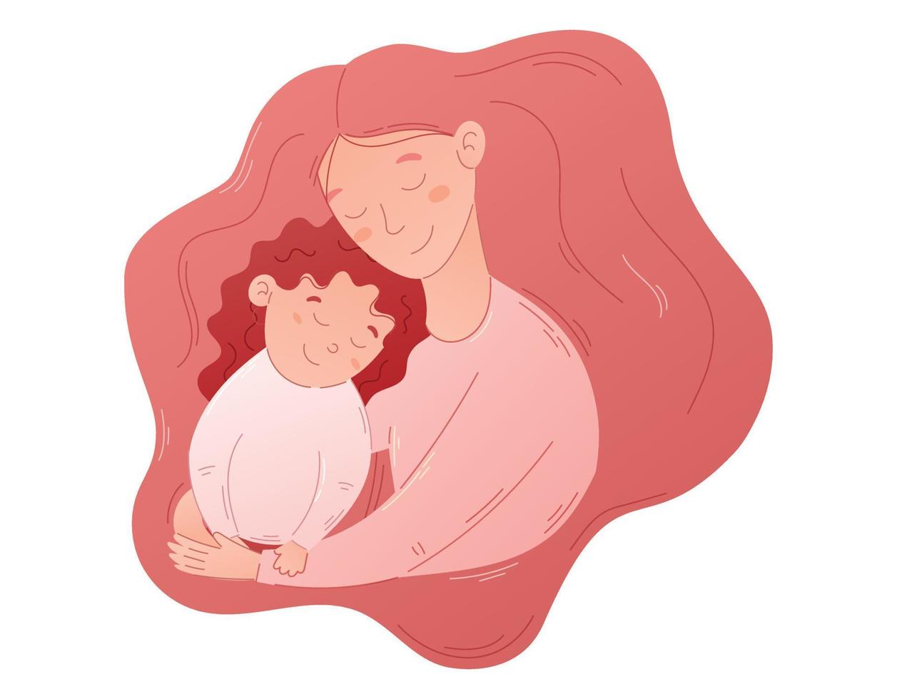 linda plano retrato de abrazando madre y hija. vector dibujos animados ilustración de un contento padre con un niño. materno amor y cuidado.