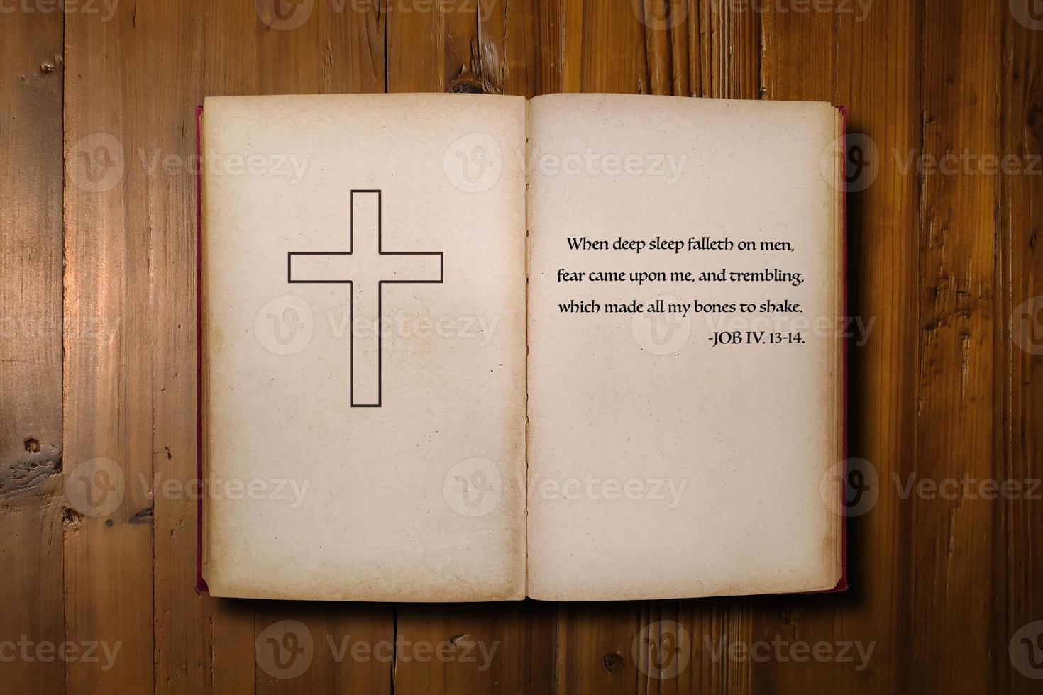 Bible on a quote by Job IV on a desk photo