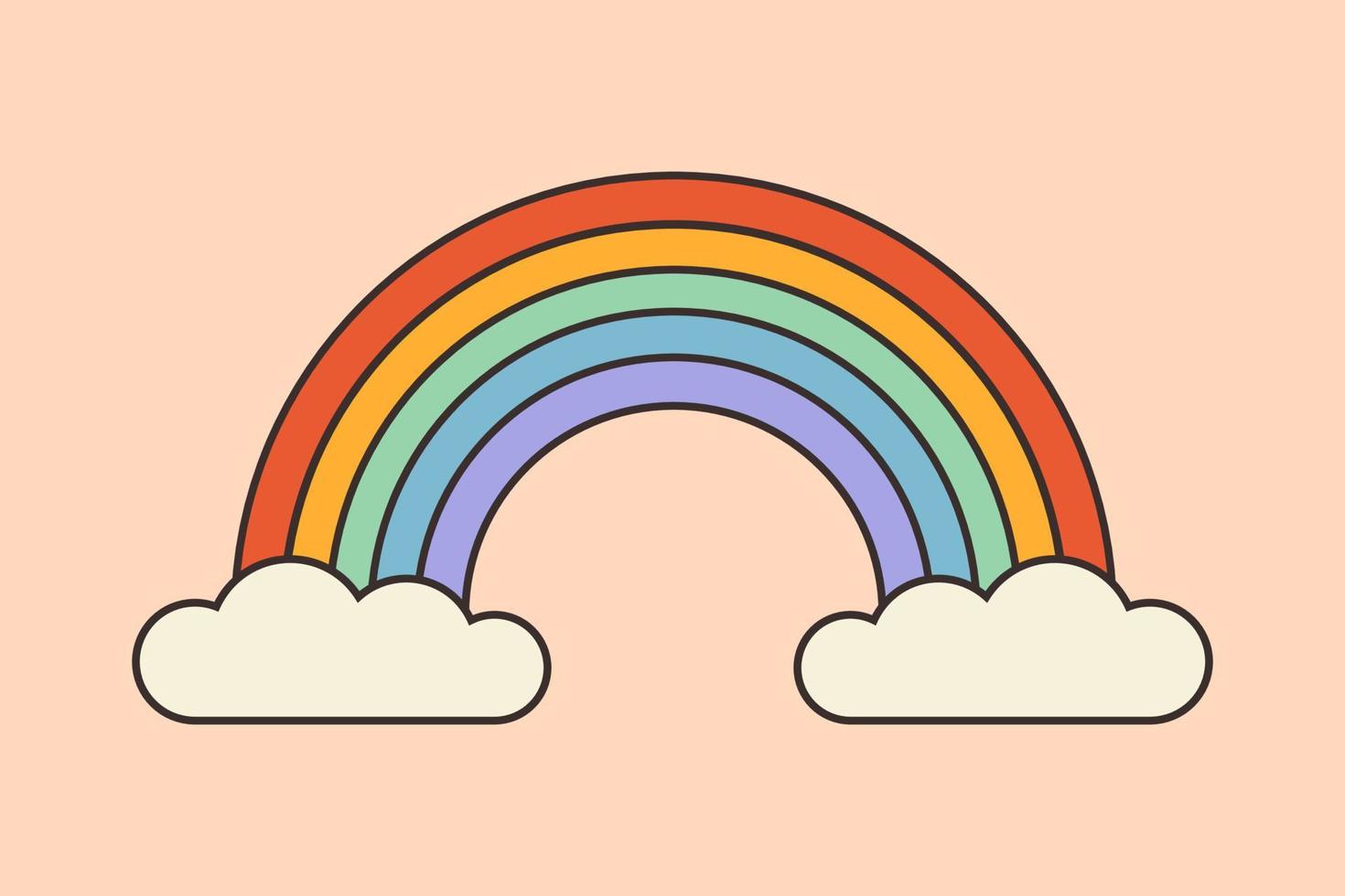 1970s Retro rainbow groovy trippy posters. Retro prints with hippie elements for T-shirt, cards, stickers. Hippie 60s, 70s, 80s style. Sign, rainbow symbol in clouds for stickers. Vector Illustration