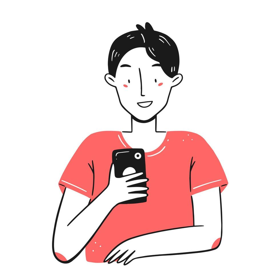A happy man in a doodle style with a phone in his hands. A joyful character with a phone. Vector concept illustration.