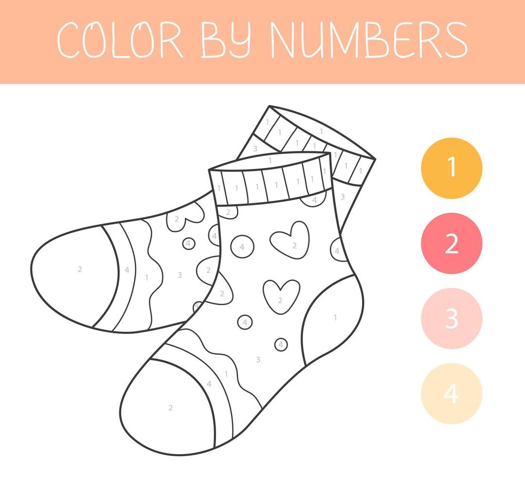 Color by numbers coloring book for kids with socks. Coloring page with cute cartoon socks. Monochrome black and white. Vector illustration.