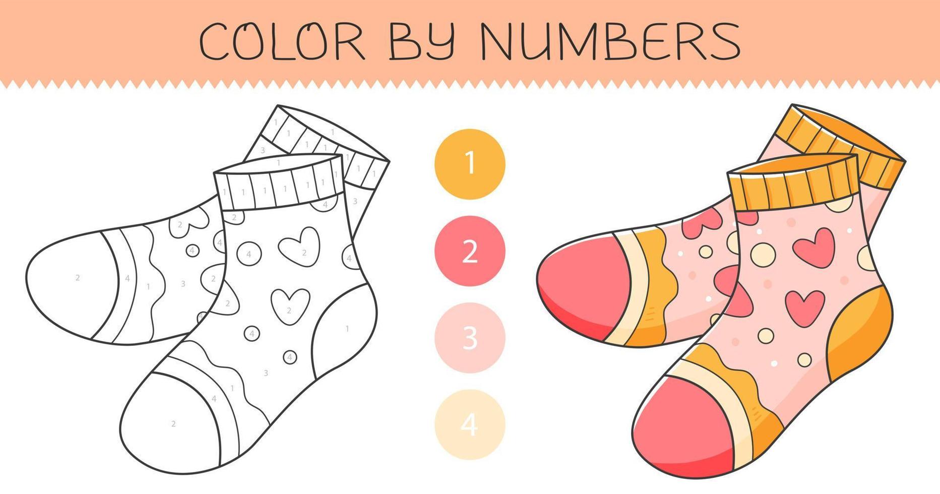 color por números colorante libro para niños con medias. colorante página con linda dibujos animados calcetines con un ejemplo para colorante. monocromo y color versiones. vector ilustración.