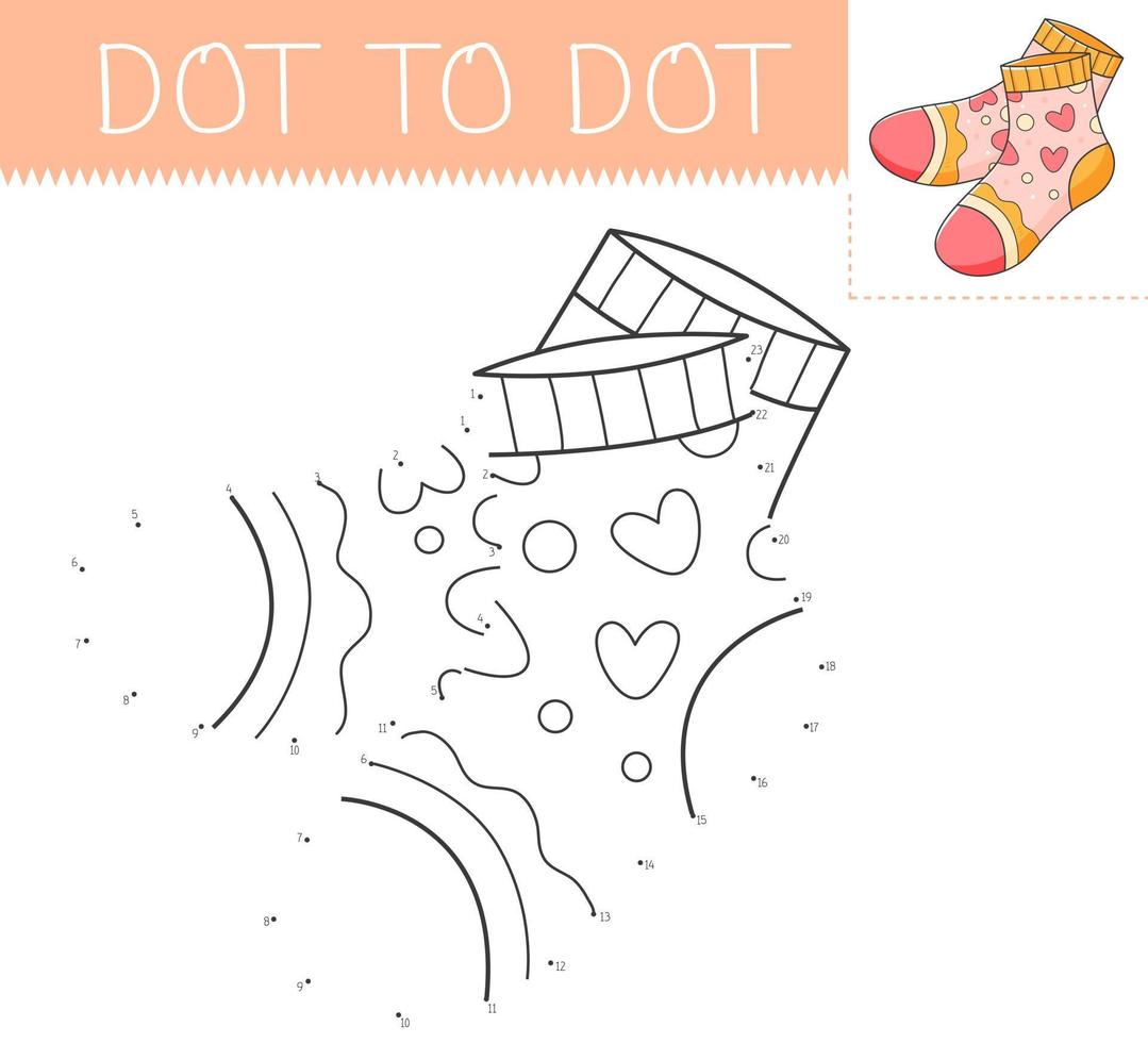 Dot to dot game coloring book with socks for kids. Coloring page with cute cartoon socks. Connect the dots vector illustration.