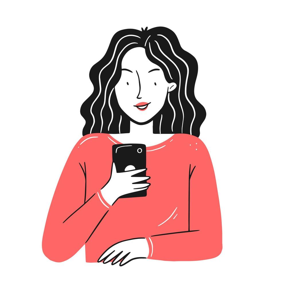 A happy woman in a doodle style with a phone in her hands. A joyful character with a phone. Vector concept illustration.