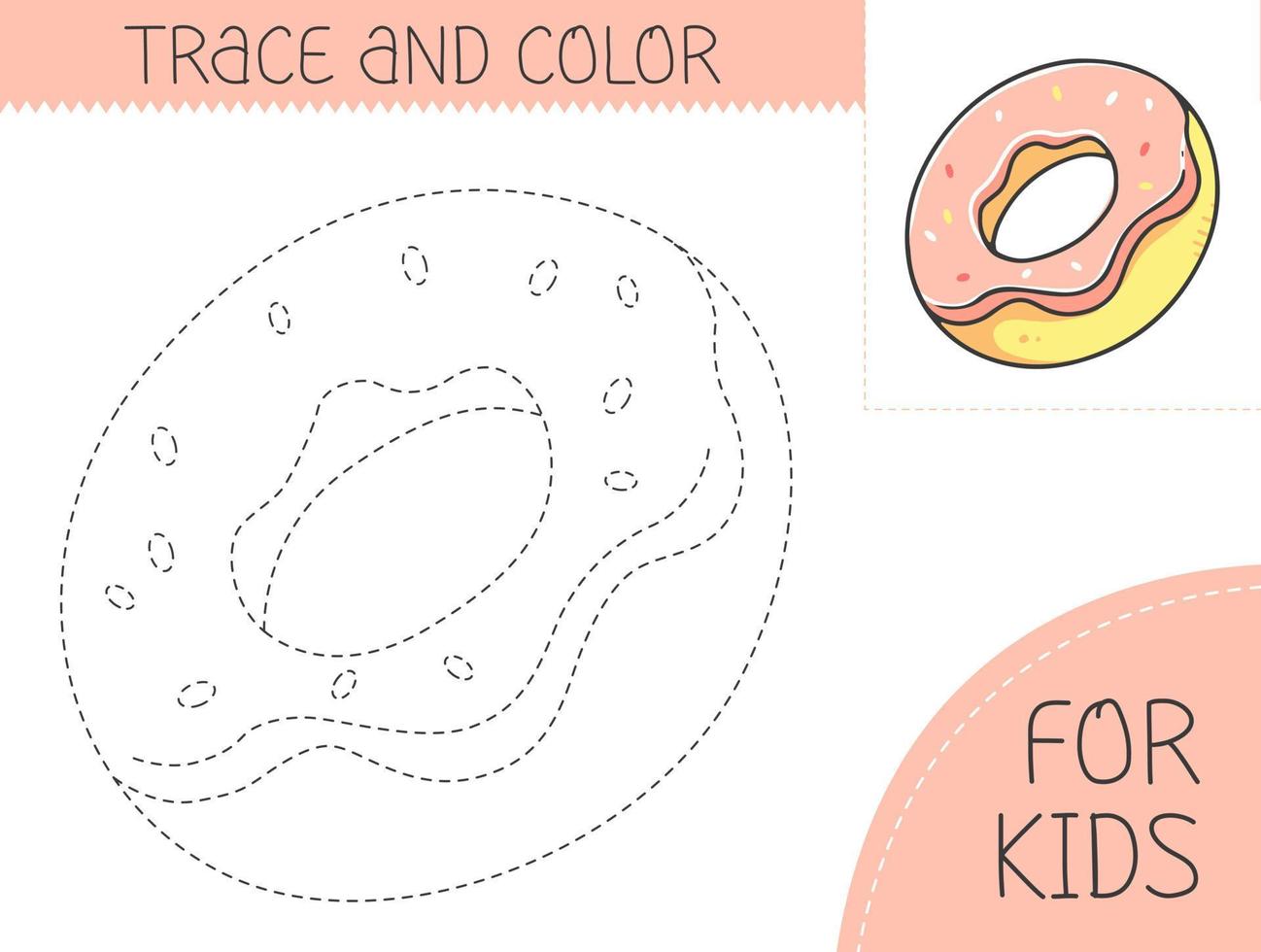 Trace and color coloring book with donut for kids. Coloring page with cartoon donut. Vector illustration for kids.